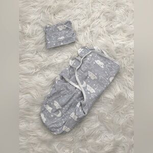 Newborn Baby Swaddle with Clouds and Matching Hat